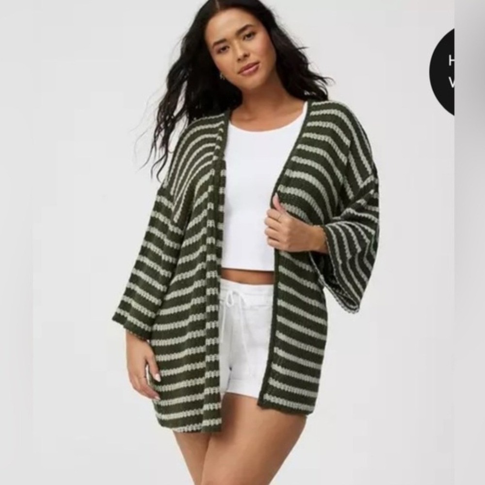Torrid Womens Boho 90s Grunge Striped Open Front Kimono Cardigan Size 1X Green